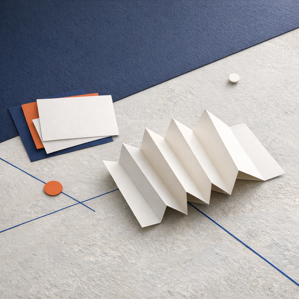 Folded paper and blank cards arranged with fine blue dividers.