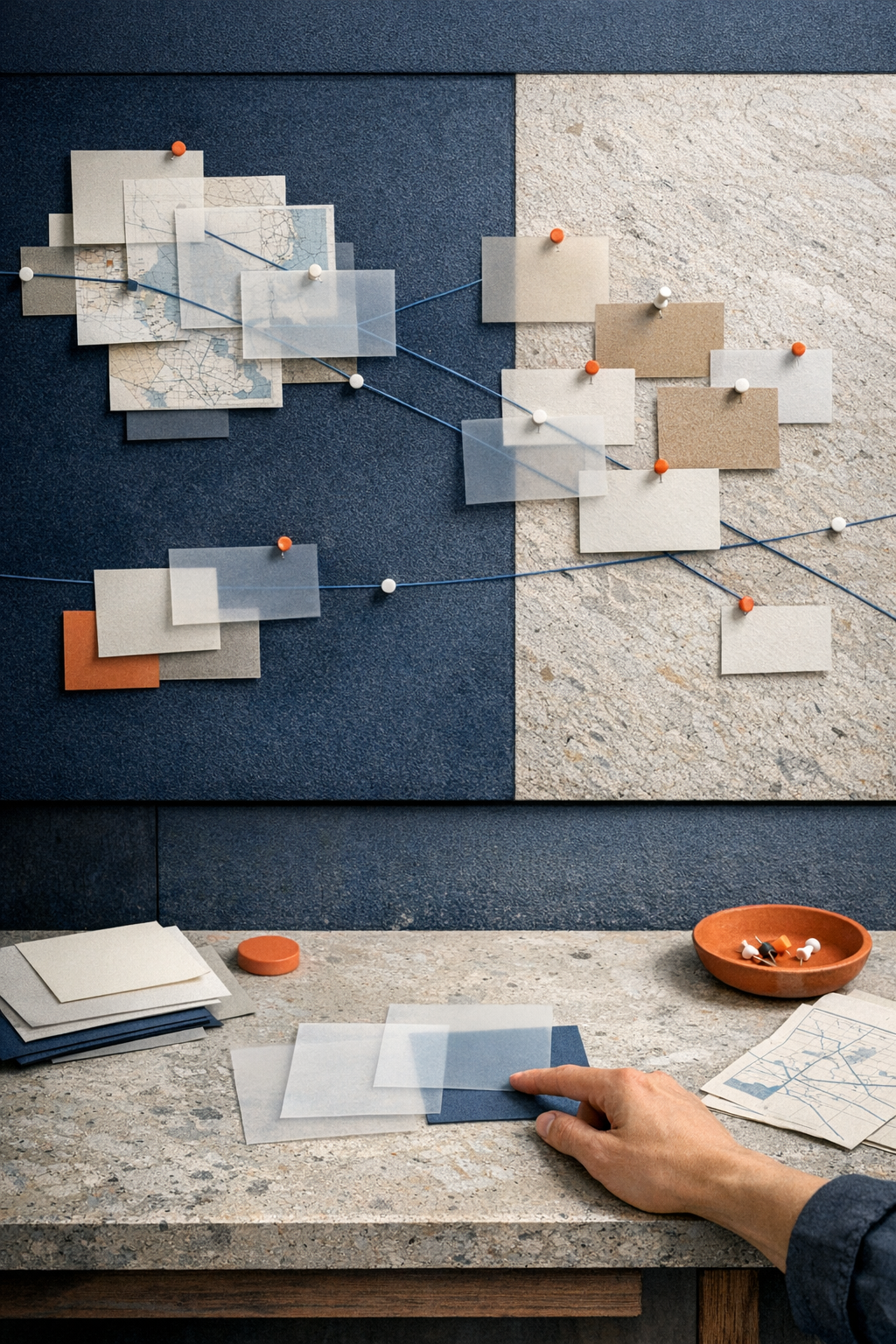 Unmarked cards and overlays arranged on a minimal pinboard.