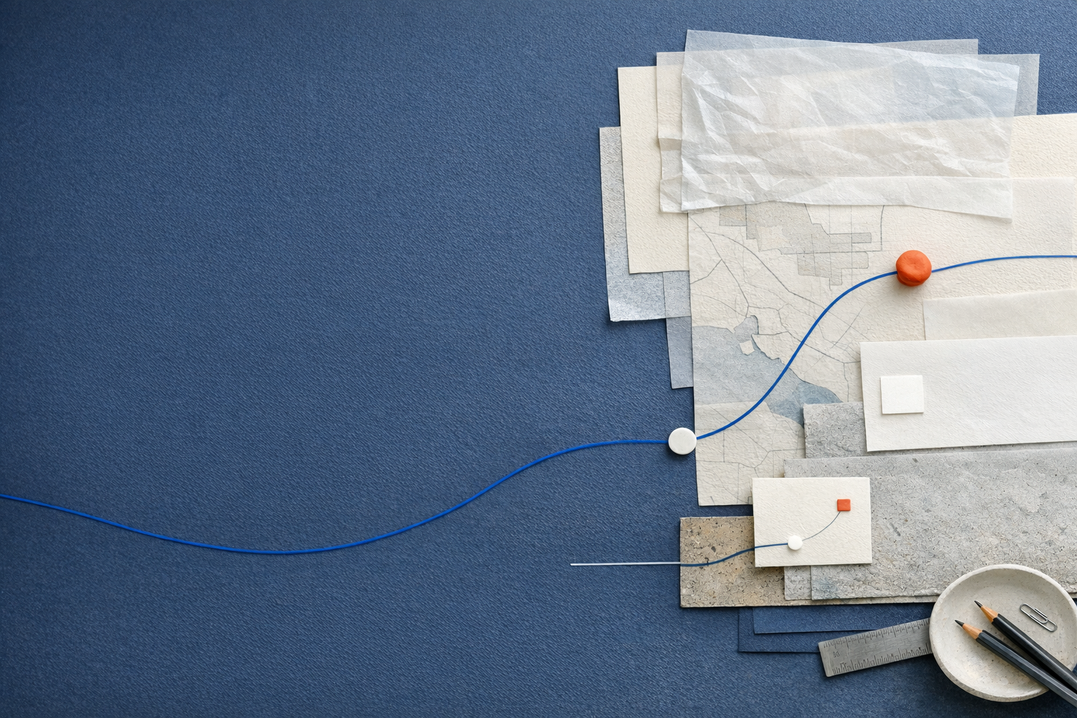 Layered papers connected by a cobalt route line on a dark table.
