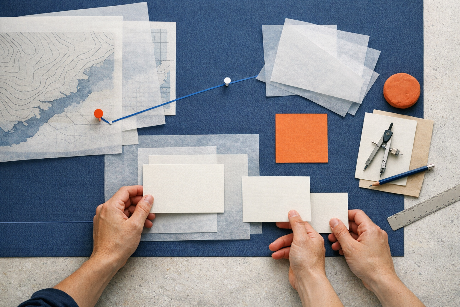 Anonymous hands arrange blank cards and tracing paper on a table.