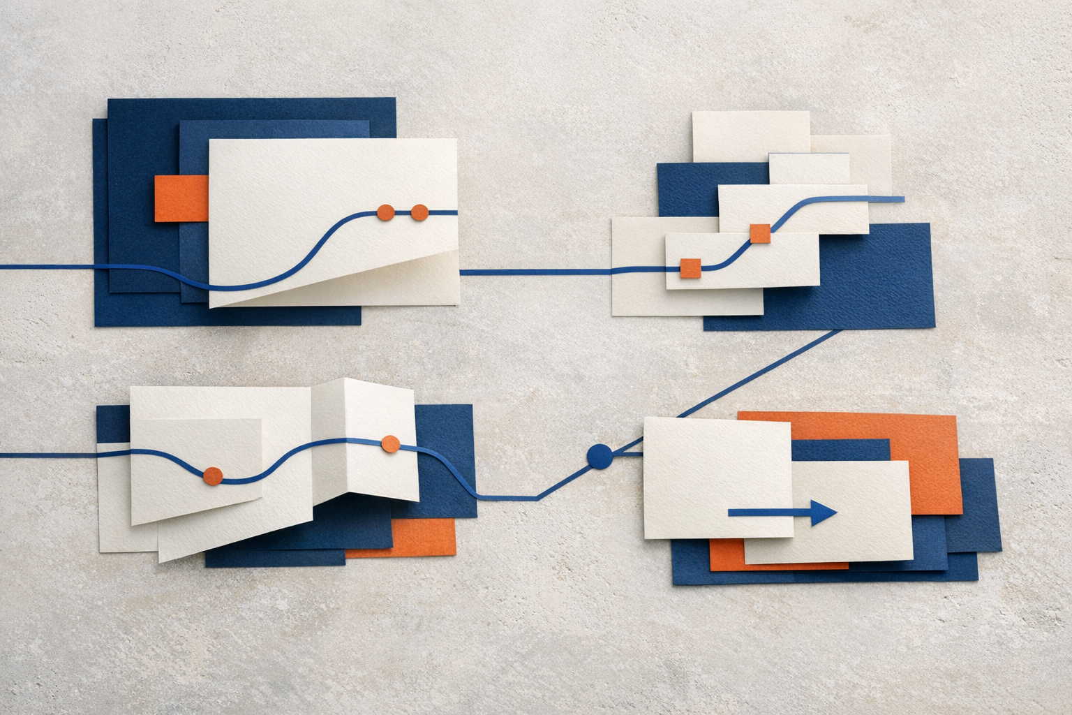 Four abstract paper modules arranged across a mineral work surface.